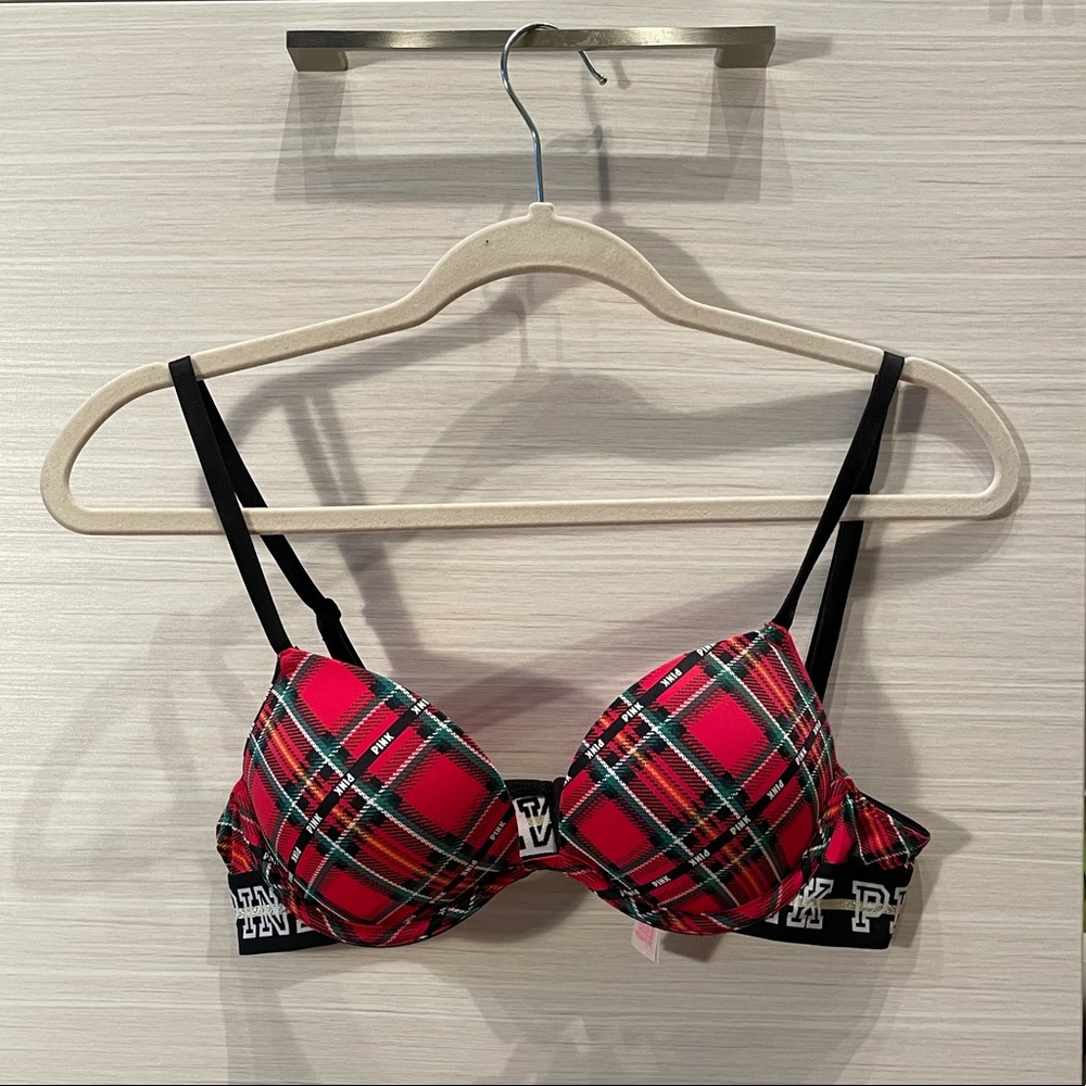 PINK 34A Red Tartan Push Up Bra